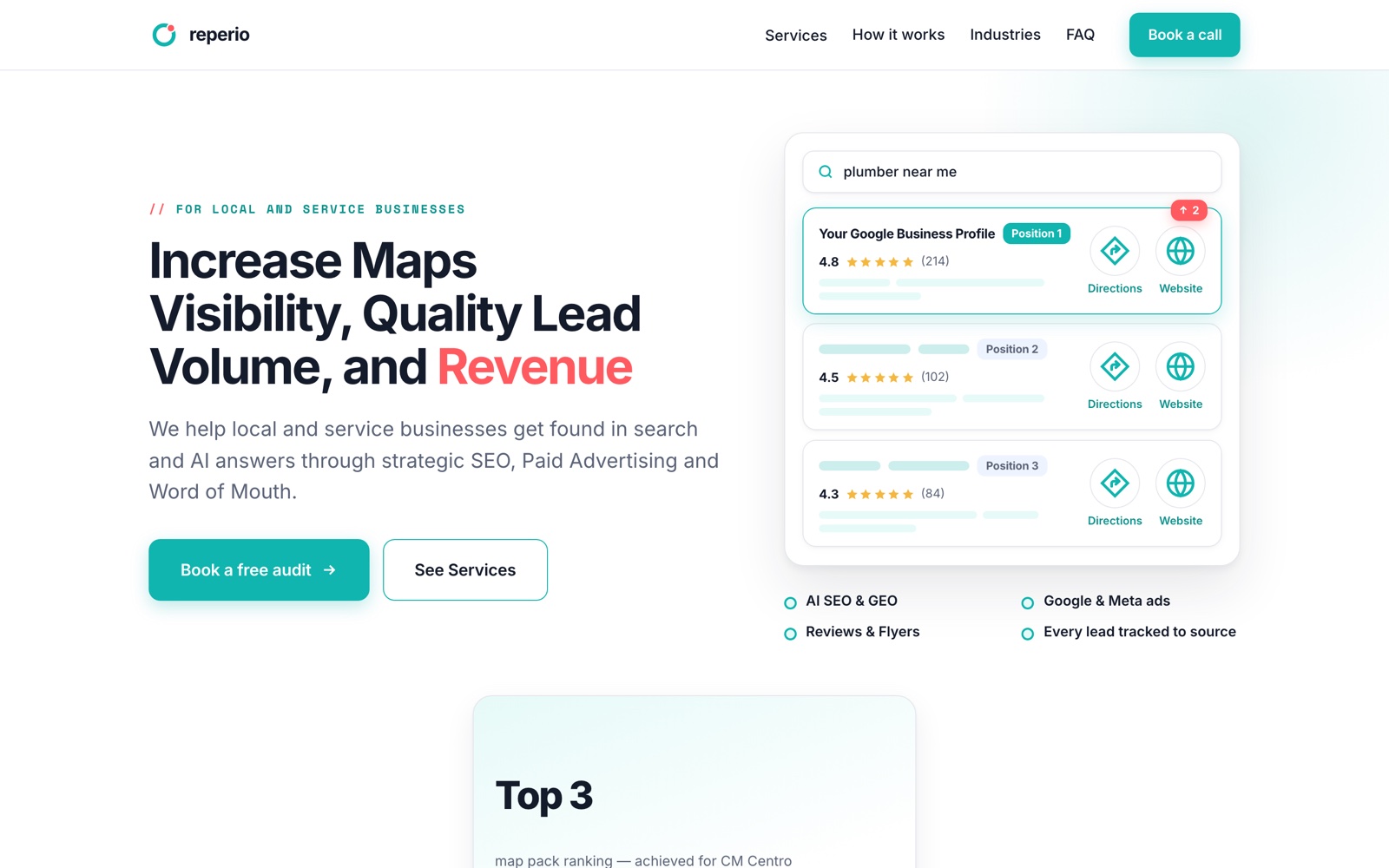 The reperio homepage on desktop: headline, call-to-action buttons and an animated mock Google local pack.